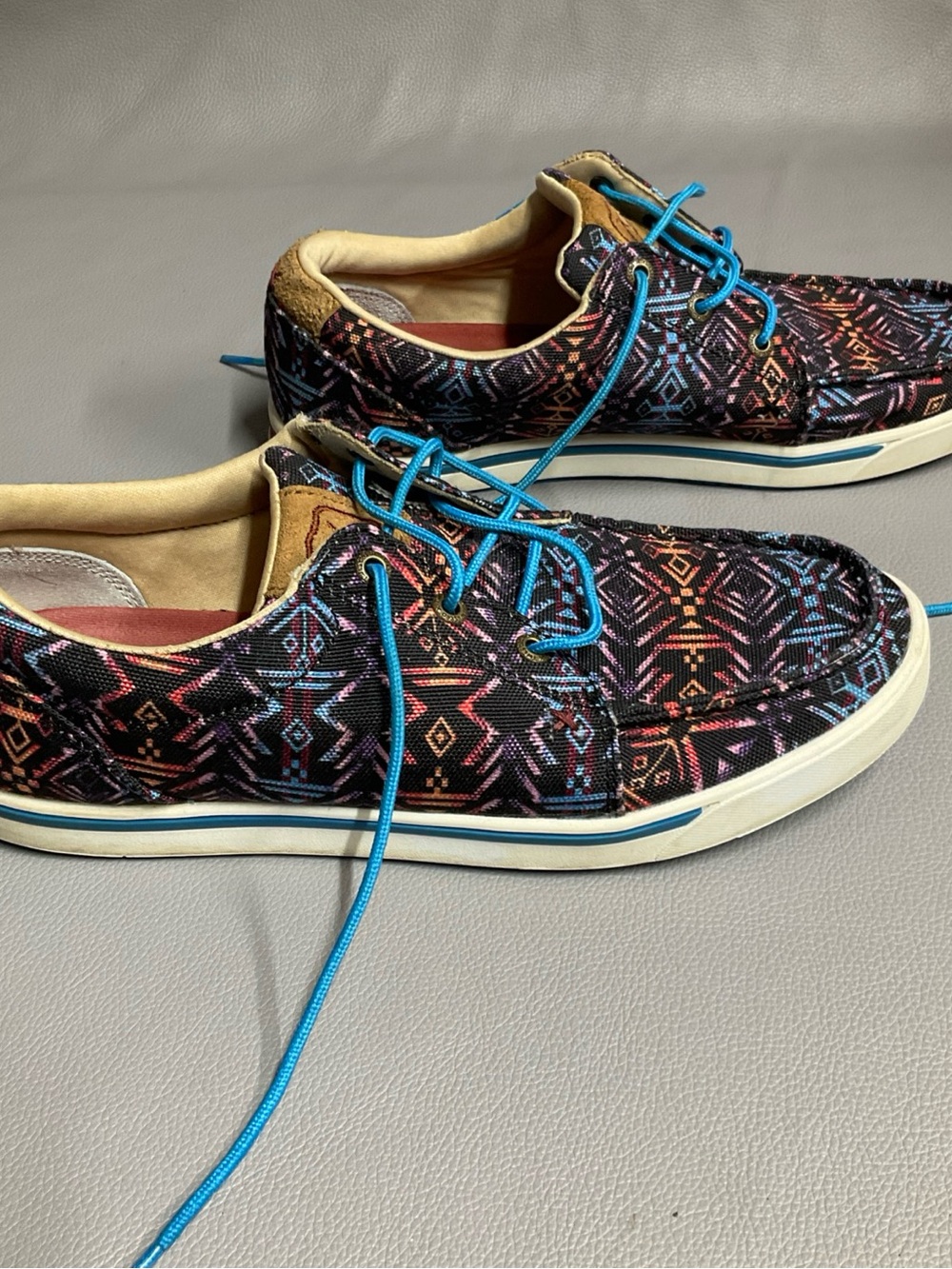Twisted X Men’s Black Aztec-Print Boat Shoes with Bright Blue Laces